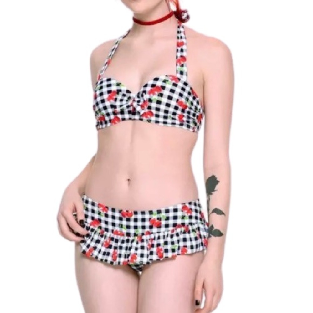 Hot Topic 2 Piece Black & White Gingham Cherry Swim Suit Set Medium